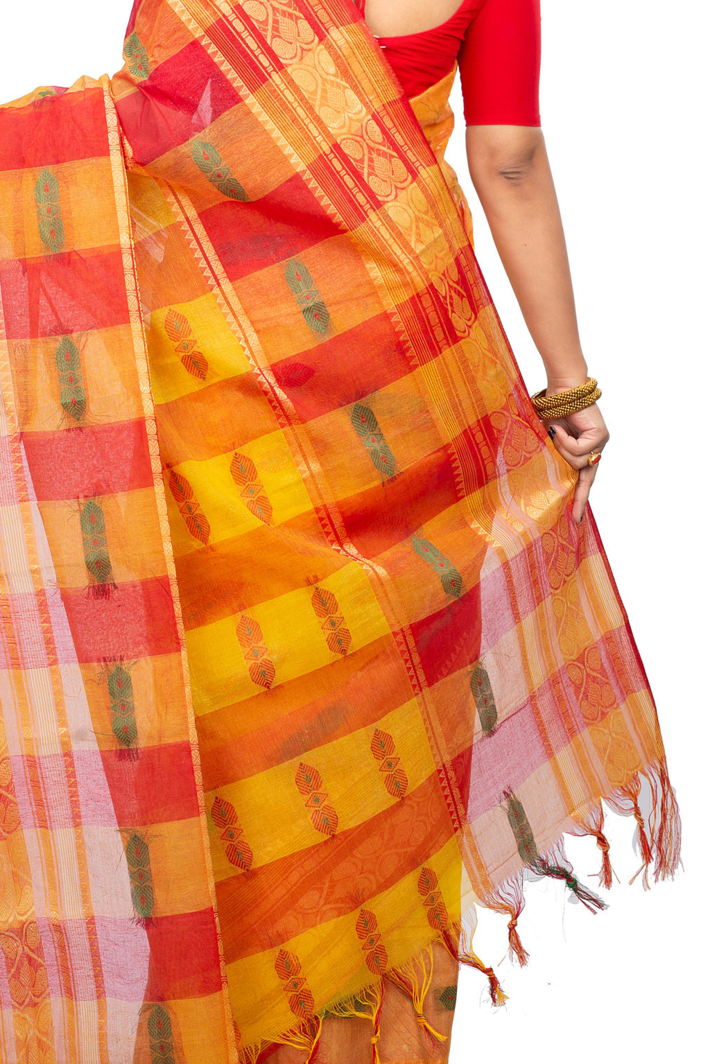Yellow Red Pure Cotton Raj Nandi Desigine Tant Saree (2808)
